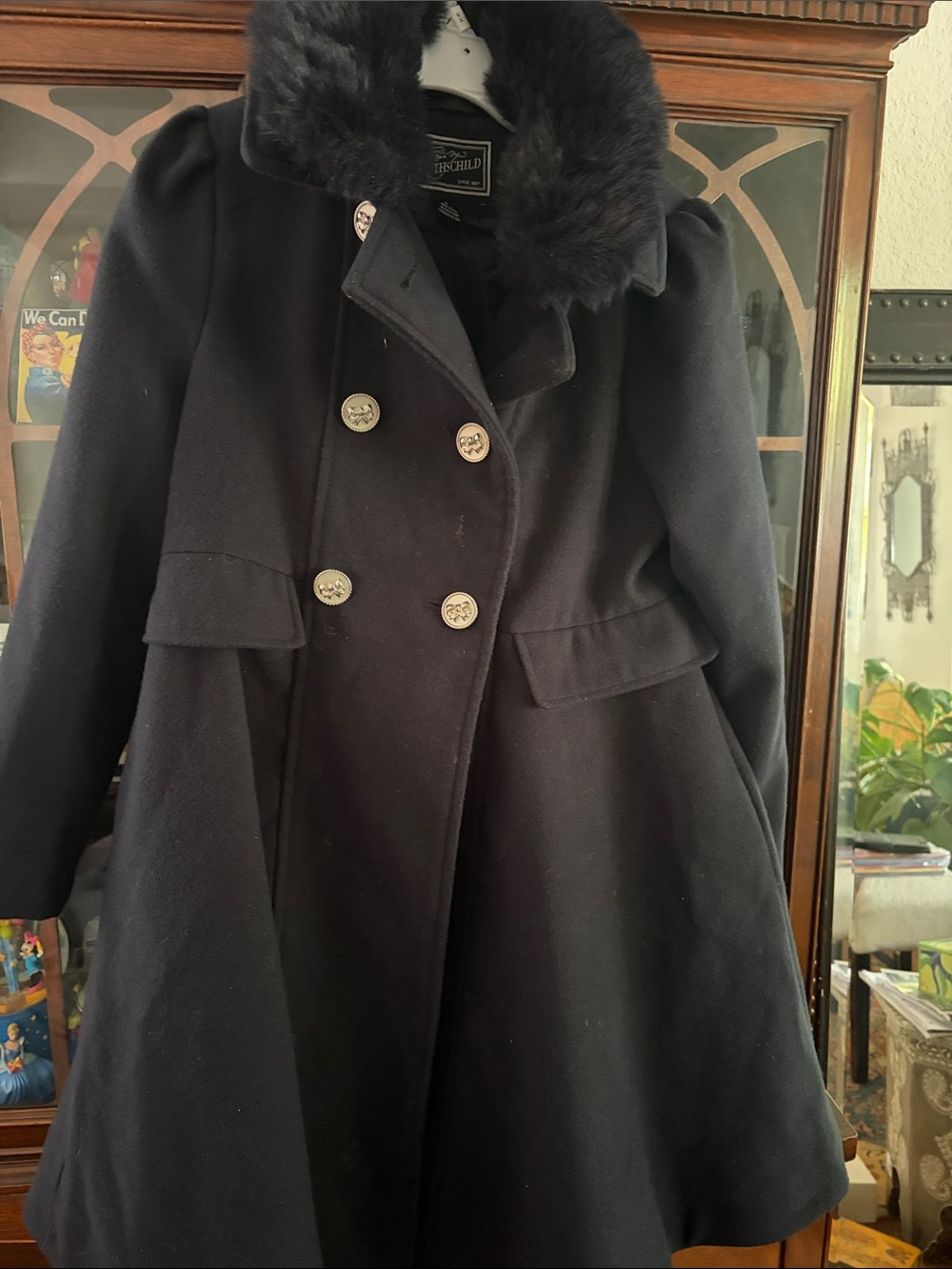 Rothschild Black Double-Breasted Pea Coat with Faux Fur Collar